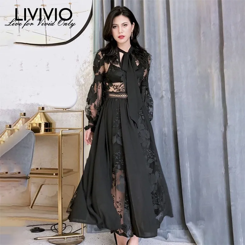 

[LIVIVIO] Elegant Dress Female Lace Up Lantern Long Sleeve Embroidery Perspective Ankle Length Dresses Women 2018 Autumn