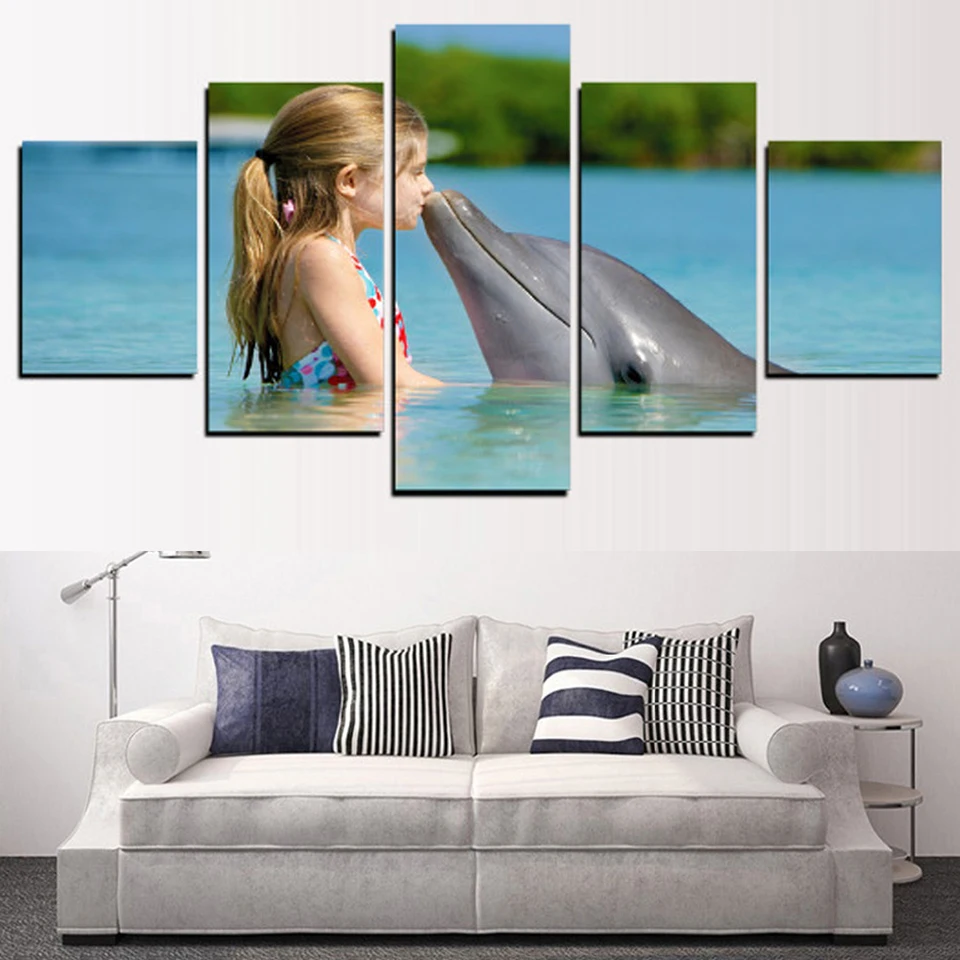 

Living Room Wall Art Painting Modular Pictures Framework 5 Panel Small Girl And Dolphin Home Decor HD Printed Modern Canvas