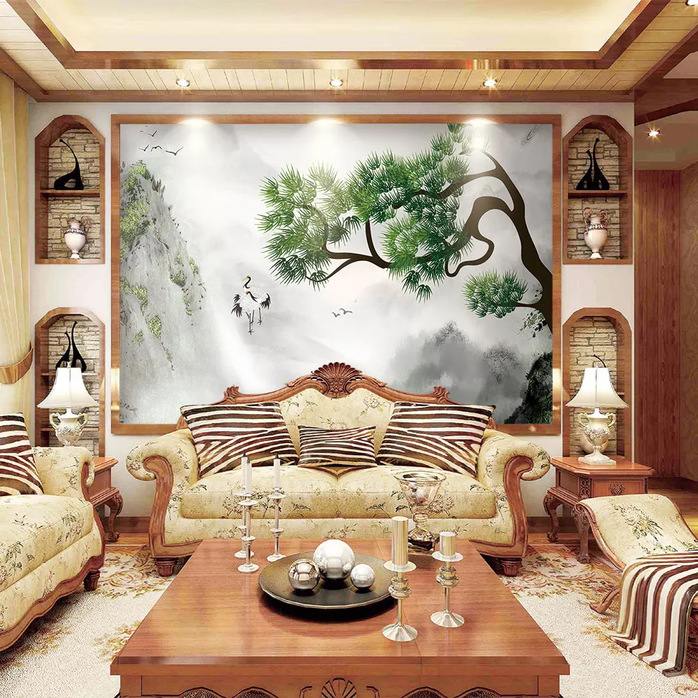

Decoration Textile wallpaper New Chinese green pine mountain hawthorn crane custom TV background wall