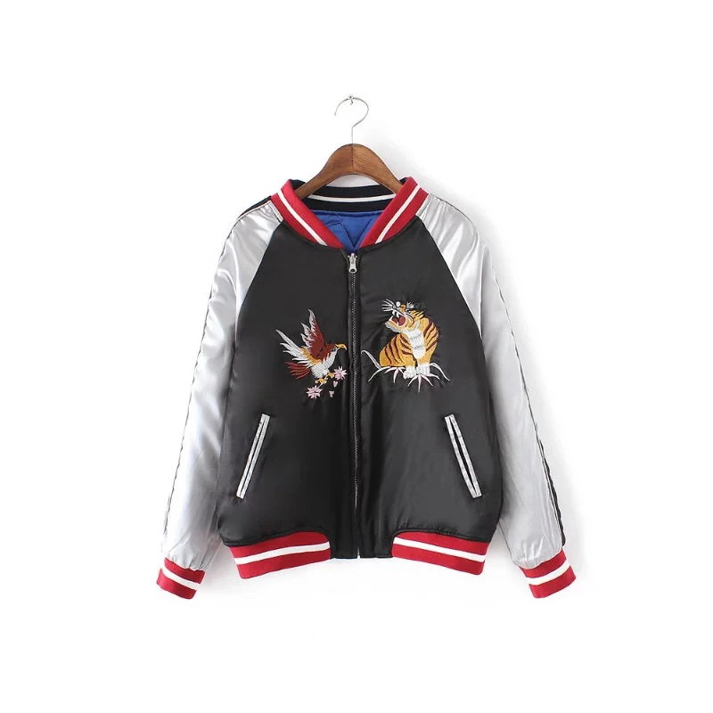 

Women Double Side wear Long Sleeve embroidered animal print bomber jacket Casual Flight baseball coat FS0260