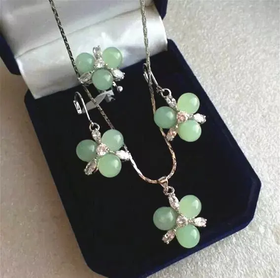 

wholesale fashion new design jewelry 3 light green Natural Stone beads flower pendant earrings & ring(#7.8.9) jewelry sets