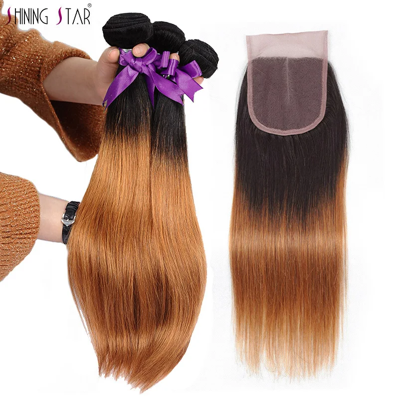preço Cabelo Liso peruano Ombre Pacotes Com Fecho de Cabelo Humano 1b 30 10 26 Shining Star Loira Pacotes Com Fecho tecer Remy Não