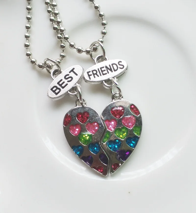 New 2PCS/Pair "Best Friends" Cute Heart Necklaces Kids Glitter Necklace