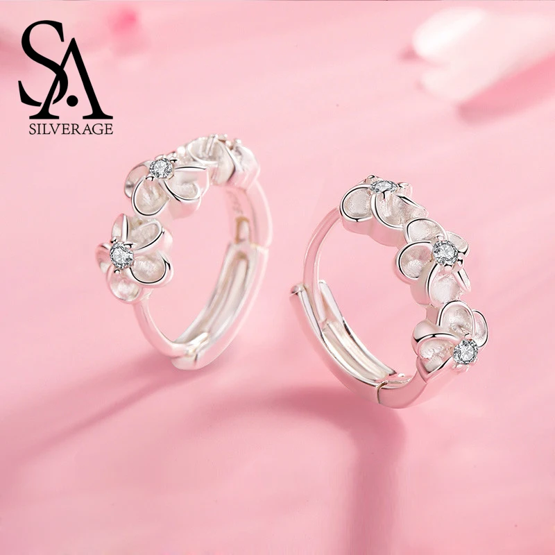 

SA SILVERAGE 2019 Simple and Joker Female Earring New S925 Sterling Silver Flower Stud Earrings Woman 925 Silver Zircon Earrings