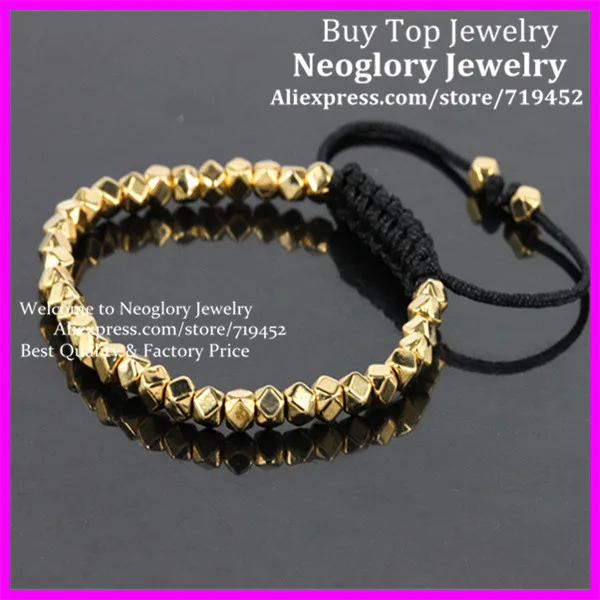 

10PCS High Quality Gold Faceted Nugget Beads Bracelet,Handcrafted Braiding 4.5mm Gold Nugget Beads Macrame Bracelet