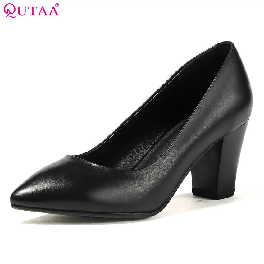 

QUTAA 2018 Women Office Pumps Square High Heel 3.3cm/5cm/ 6.7cm Pointed Toe Black Cow Leather + Pu Ladies Pumps Szie 33-42
