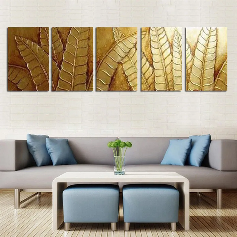 

Large 5 Panel Canvas Painting Handpainted Abstract Oil Paintings Modern Gold Leafs Pictures Home Decor Wall Art for Living Room