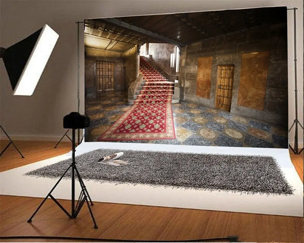 Photography Backdrop Church Stair Vintage Red Carpet Shabby Chic Room Retro Marble Floor Interior