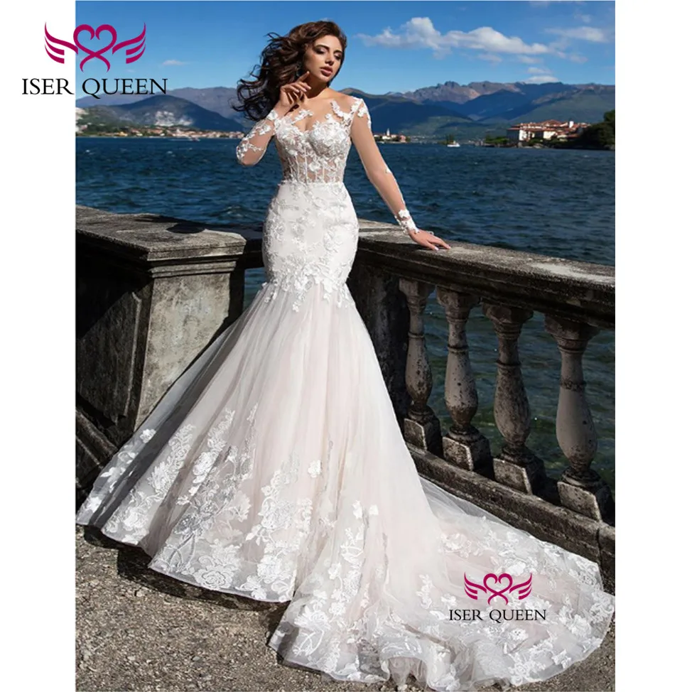 

Exquisite Appliques and Embroidery Wedding Gown Long Sleeves Mermaid Court Train vestidos de novia Button Illusion Tulle w0578
