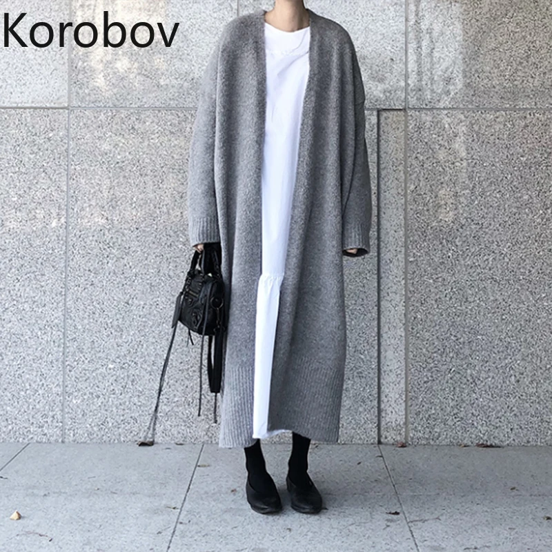 

Korobov Long Cardigan Korean Solid Long Sleeve Oversize Sueter Mujer Outwear Knitted Loose Casual Cardigans Sweater 78720