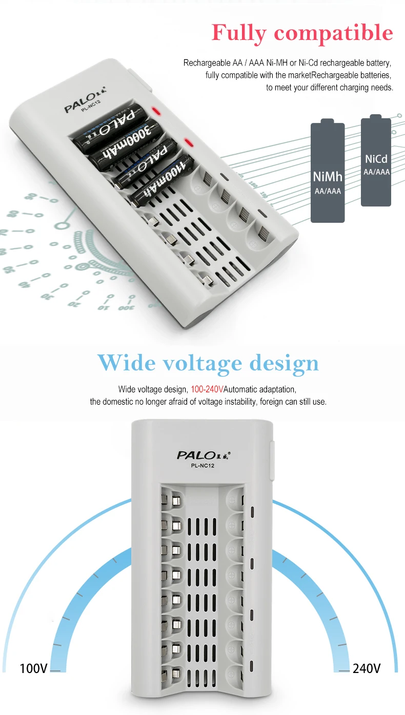 PALO 8 слотов батарея быстрое зарядное устройство s светодиодный светильник Смарт зарядное устройство для Ni-MH NI-CD 1,2 в AA AAA перезаряжаемые батареи