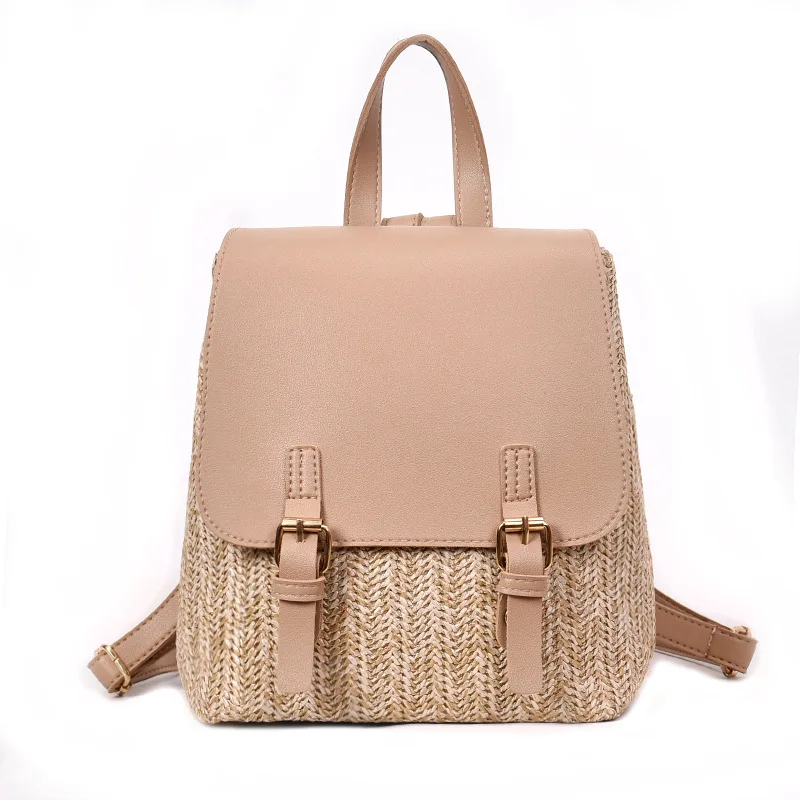 

Miyahouse Straw&Pu Leather Patchwork Women Backpack Fashion Fresh Style Female Rucksack Zipper And Hasp Design Ladies School Bag
