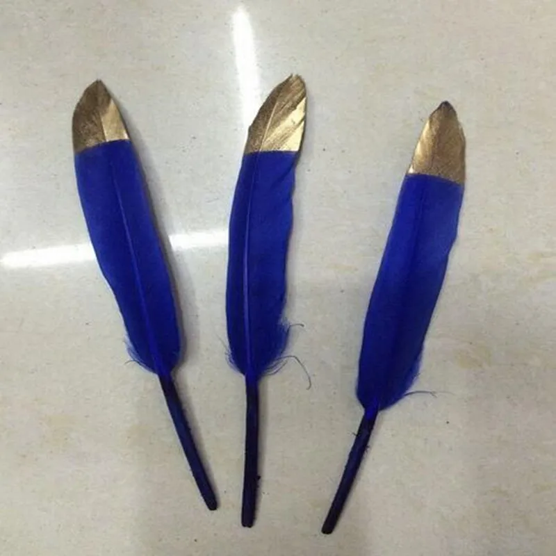

Hot Sale 100pcs sapphire With Gold Color Goose/Duck Feathers 10-15cm/4-6inches Wedding Bouquet Decoration Craft for Home Decor