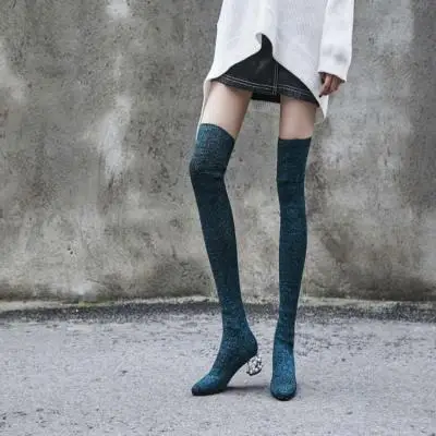 

2018 Autumn New Wool Knit Socks Boots Round Toe Slip On Bling Glitter Stretch Fabric Crystal Pearl Chunkly Heel Shoes Woman