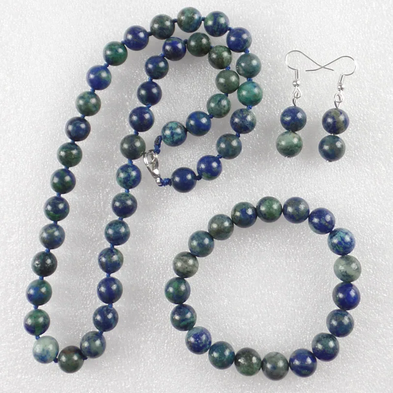 

Beautiful 10mm Lapis Lazuli with Chrysocolla Round Ball Necklace & Stretchy Bracelet & Earring Set A08