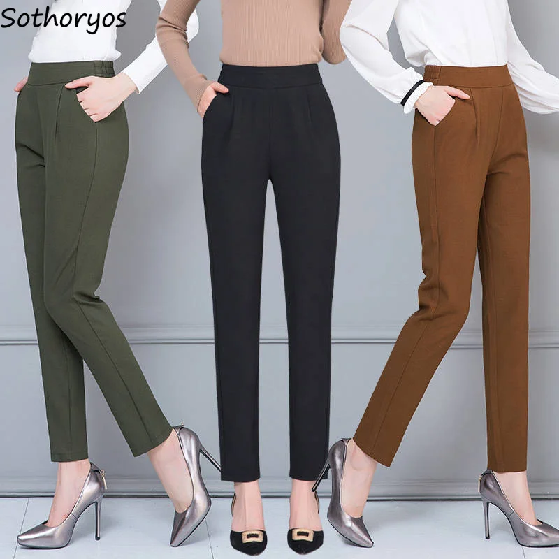 

Pants Women Slim Elastic Waist Solid Casual Elegant All-match Simple Trendy Long Harem Trousers Womens Korean Daily Comfortable