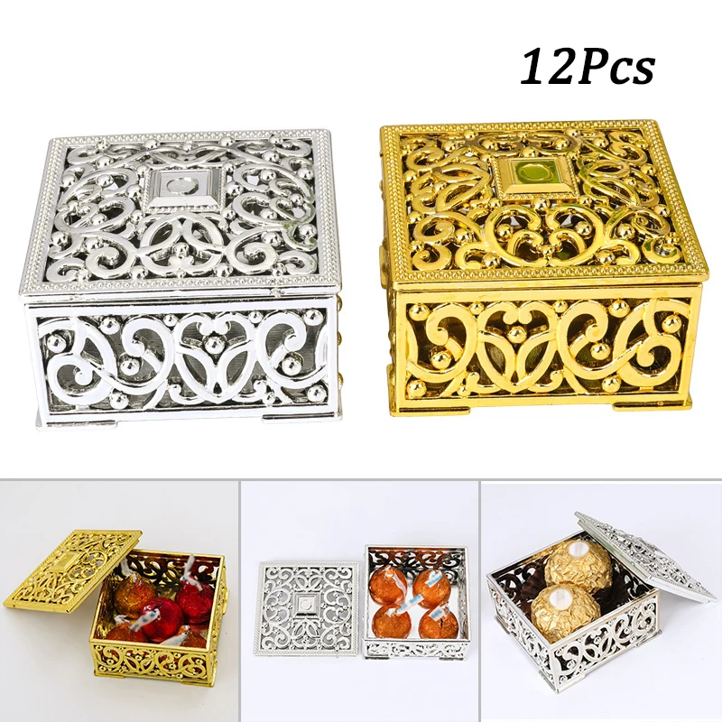 12 шт. PS Пластик полый, для конфет коробки золото пользу Серебряный Мини квадратные подарочные коробки для фестиваля/вечерние/свадебные маленькую коробочку 6*6*3,2 см, Новинка