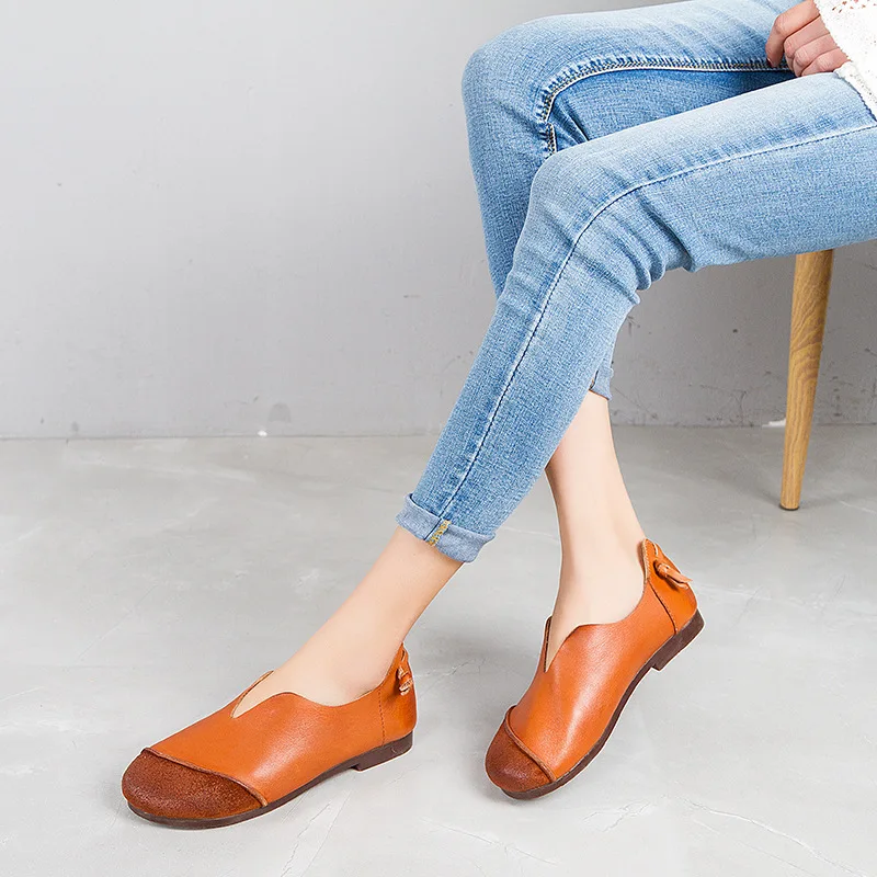 

2019 Spring handmade leather loafers women shoes round head soft casual flat women genuine leather shoes