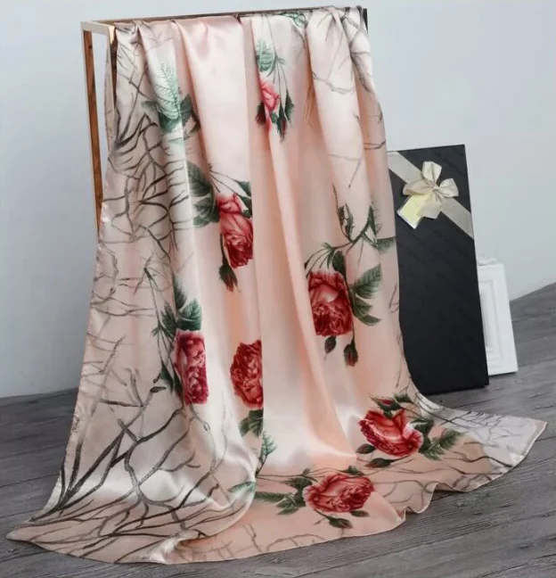 [BYSIFA] бежевый хаки шелковый шарф шаль Женская мода китайские розы дизайн зима большой площади атласные шарфы шарф весна осень - Цвет: pink red