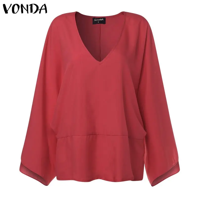 VONDA, женские блузки,, Осенние сексуальные рубашки с v-образным вырезом и рукавом, женские повседневные свободные топы размера плюс, женские блузы - Цвет: Red