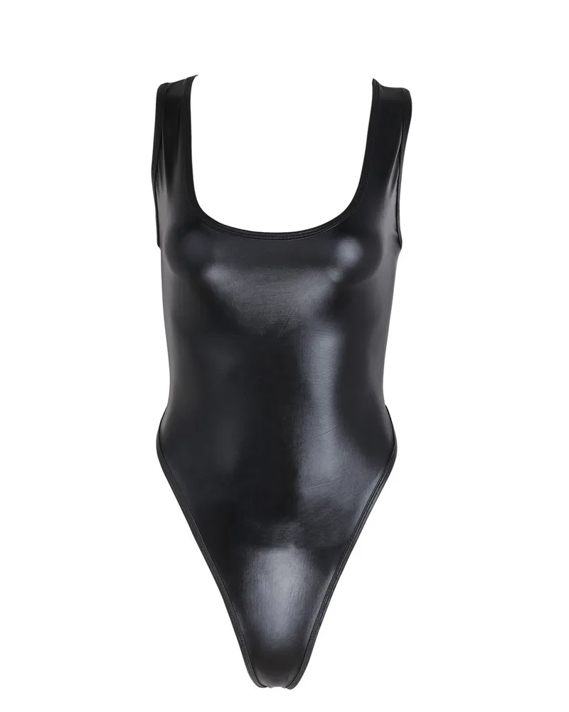 Женский латексный купальный костюм без рукавов с высокой посадкой, боди из лакированной кожи, стринги, купальный костюм, гимнастический купальник, одежда для плавания - Цвет: Black