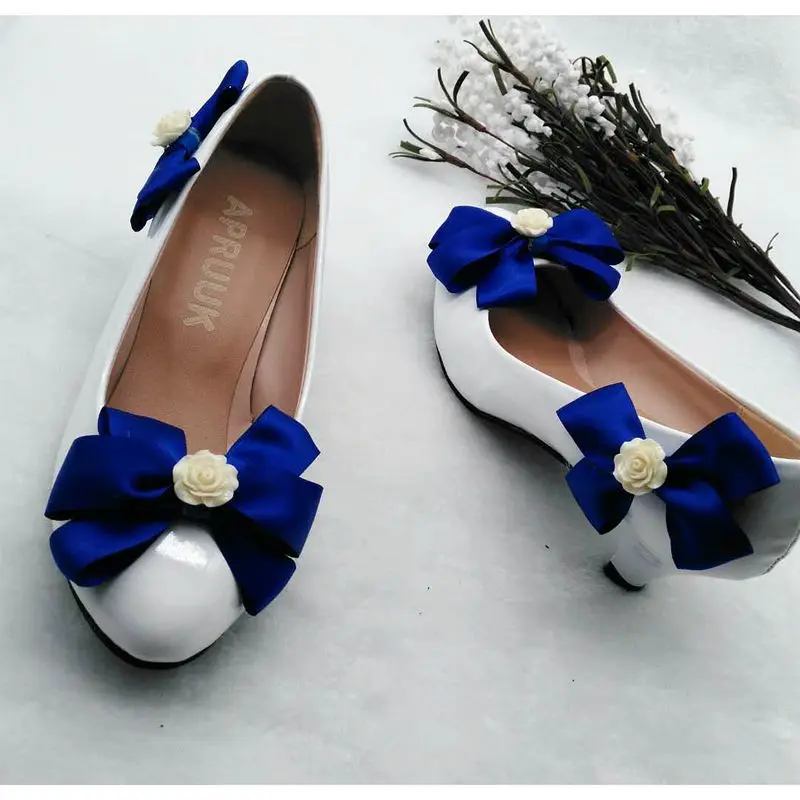 4 point 5cm heel Синие свадебные туфли с бантиком и бантом свадебные туфли невесты розы ручной работы атласные туфли подружки невесты с бантом Большие размеры - Цвет: 4 point 5cm heel