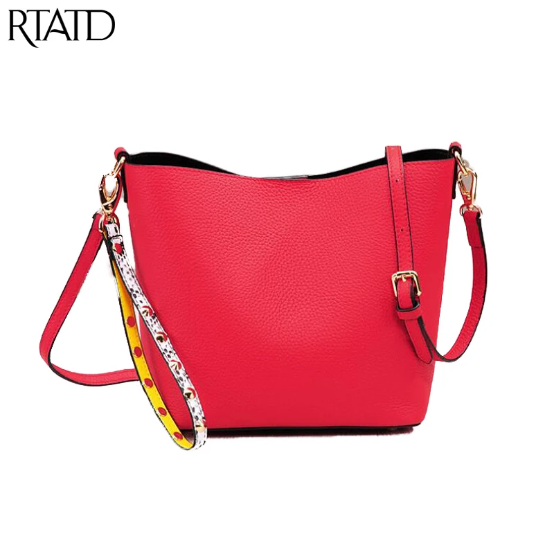 

RTATD Fashion Women Genuine Leather Handbags Chic Bucket Lady Shoulder Bags With Strap Brand Design Female Messenger Bag B305