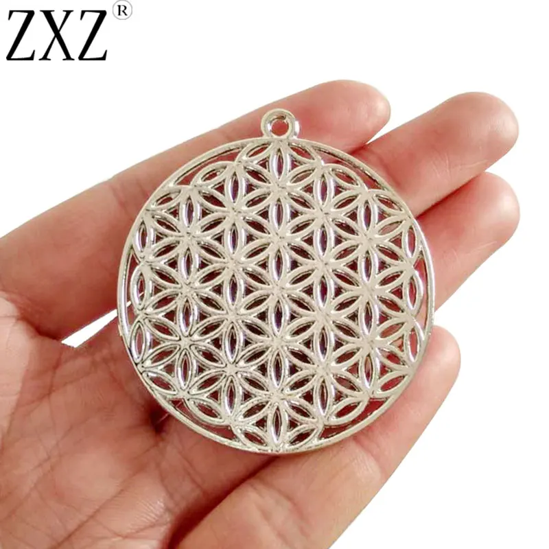 

ZXZ 2pcs Silver Plated Large Flower of Life Round Charms Pendants Double Sided for Jewelry Making Findings 55x50mm