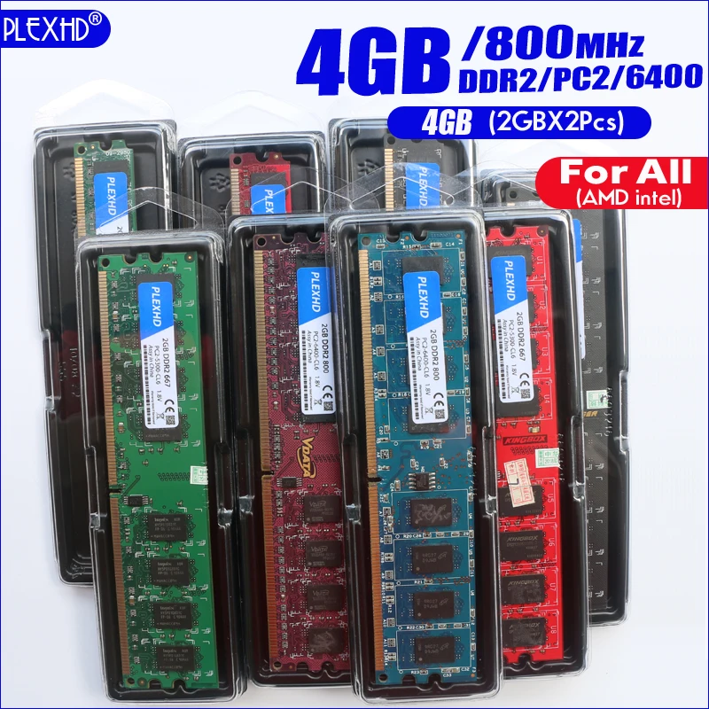 PLEXHD 4G 4 Гб(2GBX 2 шт) DDR2 pc2 6400 800 МГц для настольных ПК pc2-6400 ddr2 800 МГц(для intel amd) Высокая совместимость