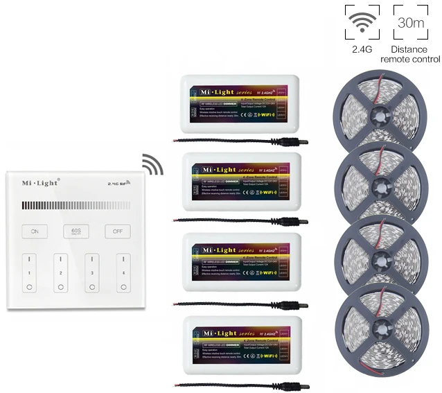 5m/10m/15m/20m 5050SMD Single Color Led Strip+Mi.light Led Dimmer Controller+2.4G T1 Wall Mount Led Touch Panel Remote AC90-240V