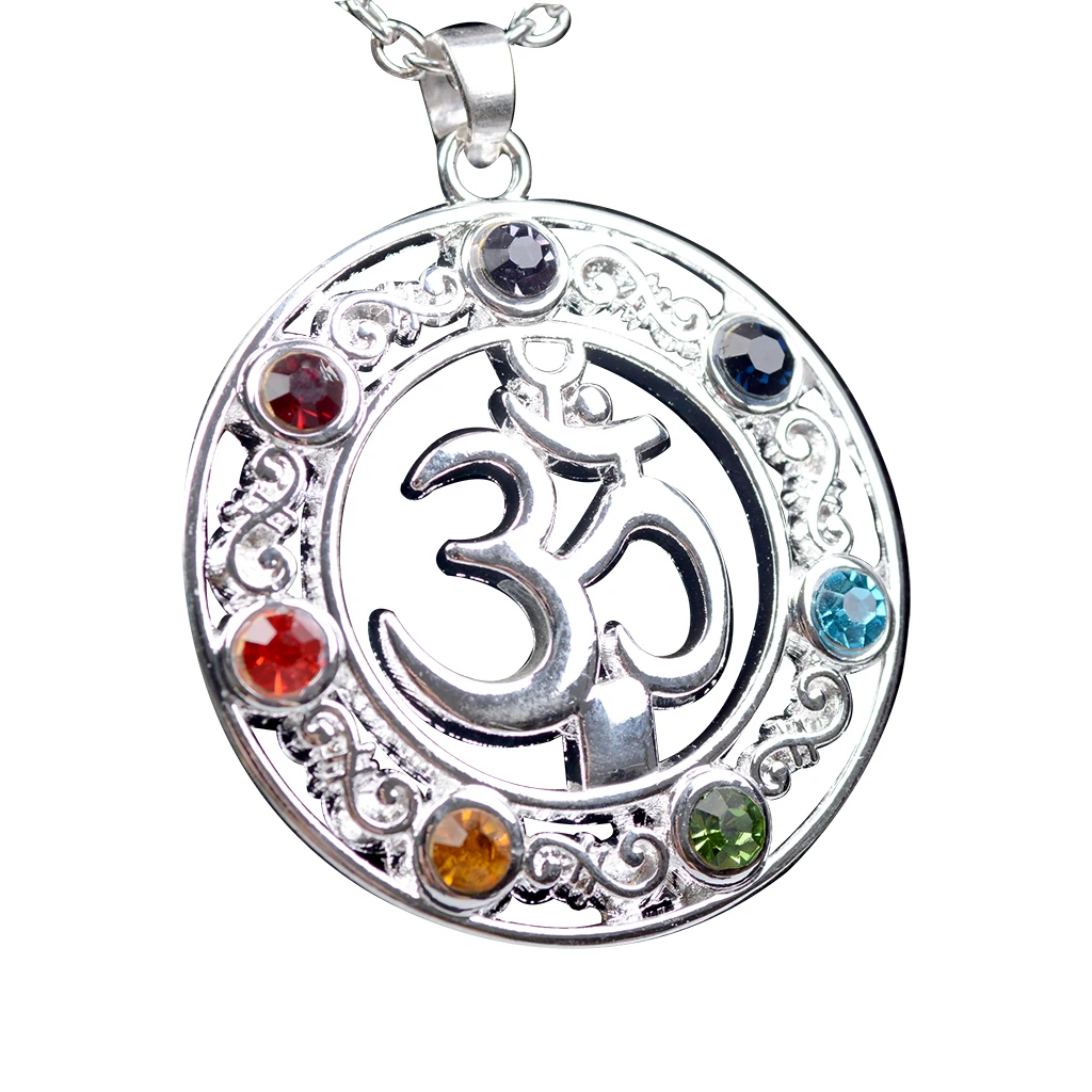 Colorful Rhinestone Om Aum Symbol Pendant Hindu Yoga Necklace Men Women