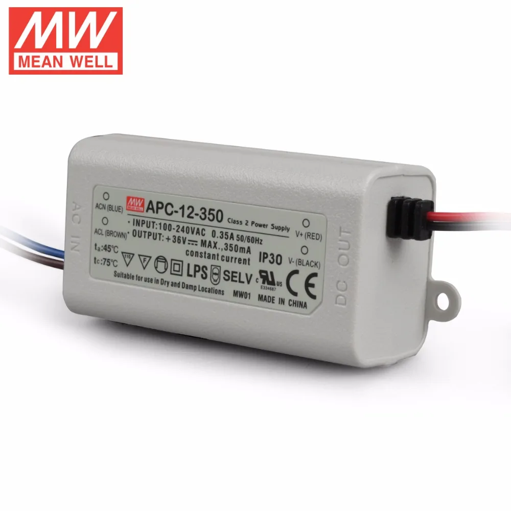 Mean Well APC-12-350, 12W 9~ 36V 350mA светодиодный водонепроницаемый драйвер, одиночный выход импульсный источник питания