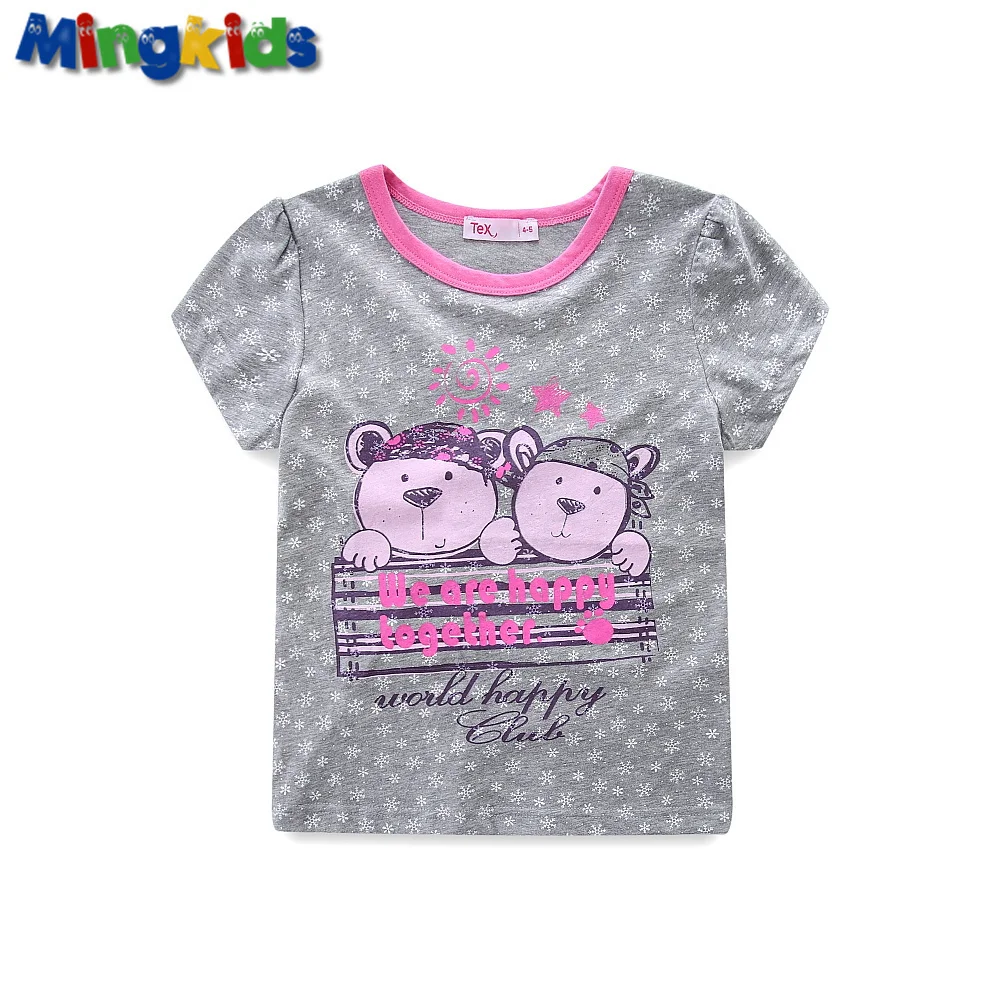 Mingkids/модные футболки для девочек; летние хлопковые топы с короткими рукавами и рисунком медведя; детские футболки - Цвет: Серый