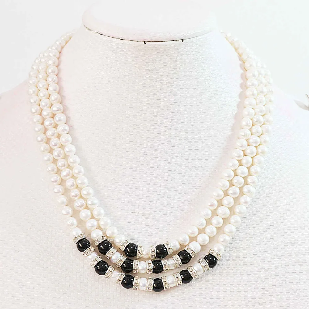 

Natural White Freshwater Cultured Pearl 7-8mm Round Beads 3 Rows Chains Rope Necklace Weddings Party Gift Jewelry 17-19inch B646