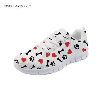 

Twoheartsgirl Classic Heart Pattern Dog Paws Print Vulcanize Shoes Casual Breathable Mesh Sneakers for Women Personalized Flats