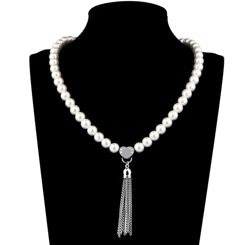 Women Fashion 316L Stainless Steel Pearl Necklace Silver Color Crystal Heart Necklace Designer Tassel Necklace For Jewelry Gift  (7)