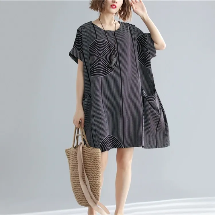 Women T-Shirts Lady Dress Big Size Vintage Female Clothing Print Striped Loose Batwing Dresses | Женская одежда