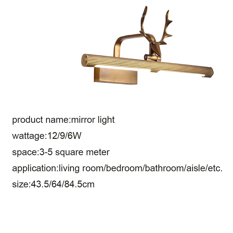 كامل النحاس الغزلان رئيس الأمريكي مرآة المصابيح الأمامية ل فندق غرفة نوم الحمام ضوء الجدار الشمعدان الغرور ضوء مصباح المنزل ديكور فني