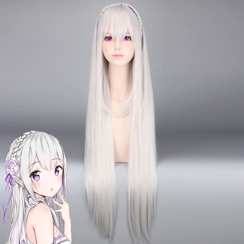 Coshome ReZero Emilia Satella Cosplay Wigs Life In A Different World From Zero 100cm Gray Long Hair With Braid (6)
