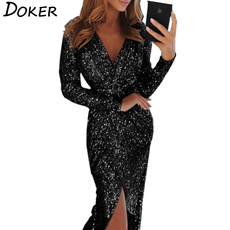

2018 New Sexy Deep V-neck Evening Party Dress Women Long Sleeve Hem High Slit Dress Ladies Elegant Sequins Shiny Tunic Dress