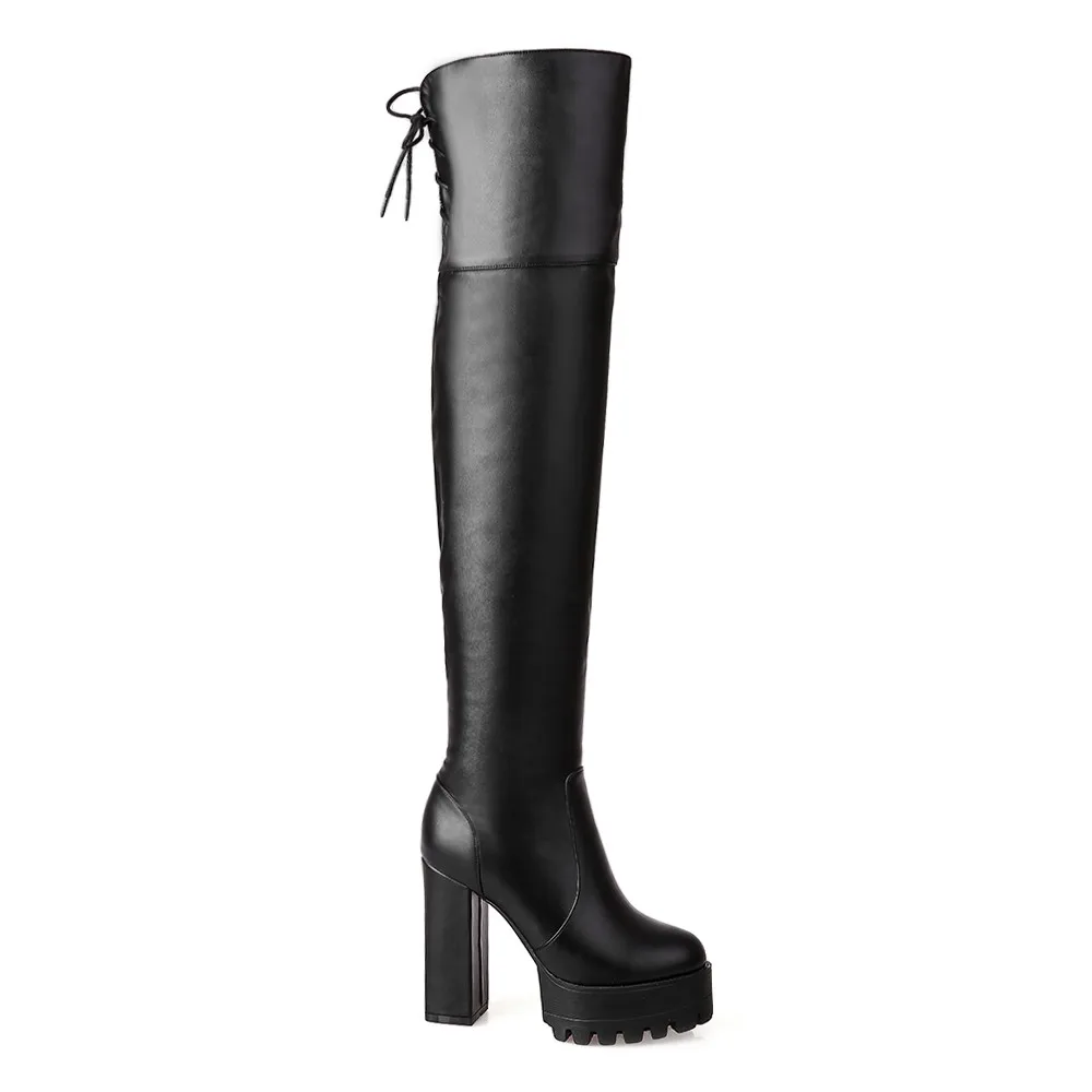 Cuissarde cuir PU avec talon épais haut dernière tendance de mode cuissarde cuir talon haut