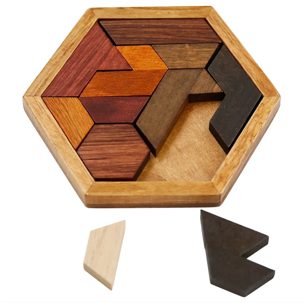 LeadingStar Wooden Tangram Jigsaw Puzzles with Hexagonal Base Brain Teaser Intelligence Toy Gift for Kids Adult zk 15