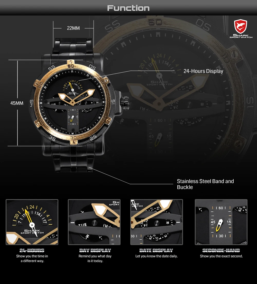 Shark Sport Watch Men Luxury Brand Golden Bezel Date Army Military Watches Clock Steel Quartz Relogio Masculino Greenland