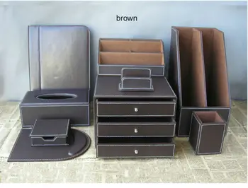 

9PCS/set PU leather desk accessories desk organizer set file holder 3-drawer cabinet note case card stand A4 file folder TZ017