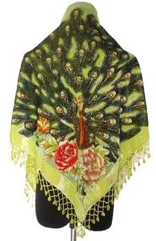 

Green Chinese National Handmade Beaded Pashmina100% Velvet Silk Triangle Shawl Scarf Embroidery Peacock Echarpes 70x150cm