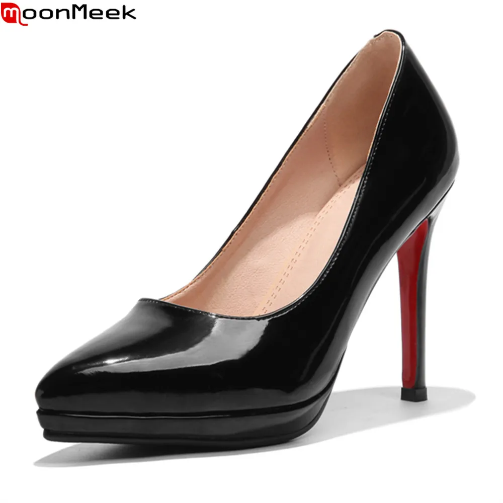 

MoonMeek spring autumn platform shoes extreme high heel mature slip on thin heels shallow office career pumps women shoes