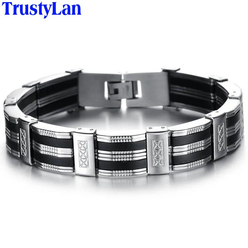 

Jewelry Accessories Men Bracelet Male Brazalet 9.25 Inch Quality Stainless Steel & Black Silicone Mens Bracelets Wristbands 2018