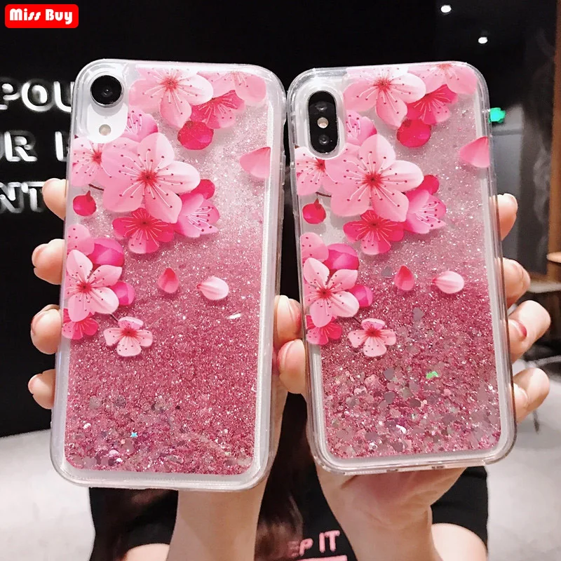 

Liquid Quicksand Glitter Case For iPhone 5 5S SE 6 6S 7 8 Plus X XS XR XS Max 7Plus Fundas Peach Blossom Soft Silicone Cover