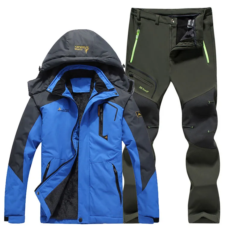 Полярный светильник для мужчин, Зимний водонепроницаемый, для рыбалки, термо-брюки, куртки для походов, Походов, Кемпинга, катания на лыжах, альпинизма, Открытый комплект, 6XL костюм - Цвет: blue army