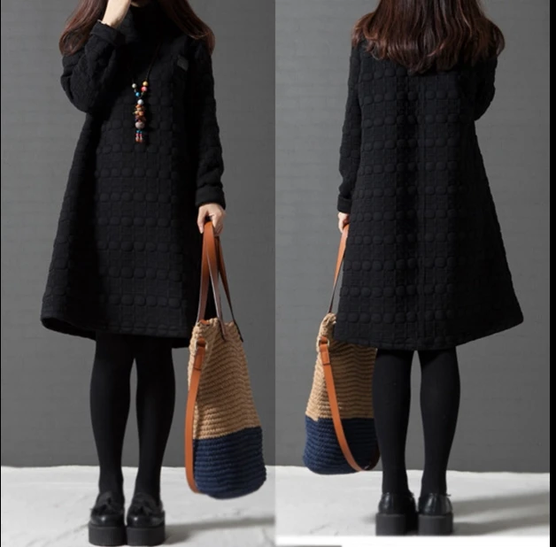 

2018 Autumn Winter New Women Long Sleeve Turtleneck Mori Loose Midi Dress Cotton Plus Size Warm Basic Dress WS81
